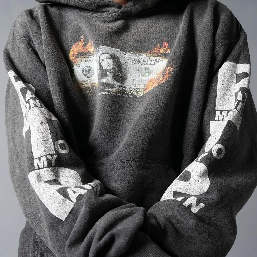 SAINT Mxxxxxx × PAY MONEY TO MY PAIN PTP_HOODIE/BRAND MONEY/BLK Co-branded PTP Virgin Mary dollar hoodie Washed black S-XL Assute dyeing The whole piece is sprayed with horse fade Mold customization joint main mark/washed mark Factory four-needle and six-thread workmanship No bone seams More comfortable to wear Repeated modification of proofing Authentic grade crack printing VINTAGE value is full